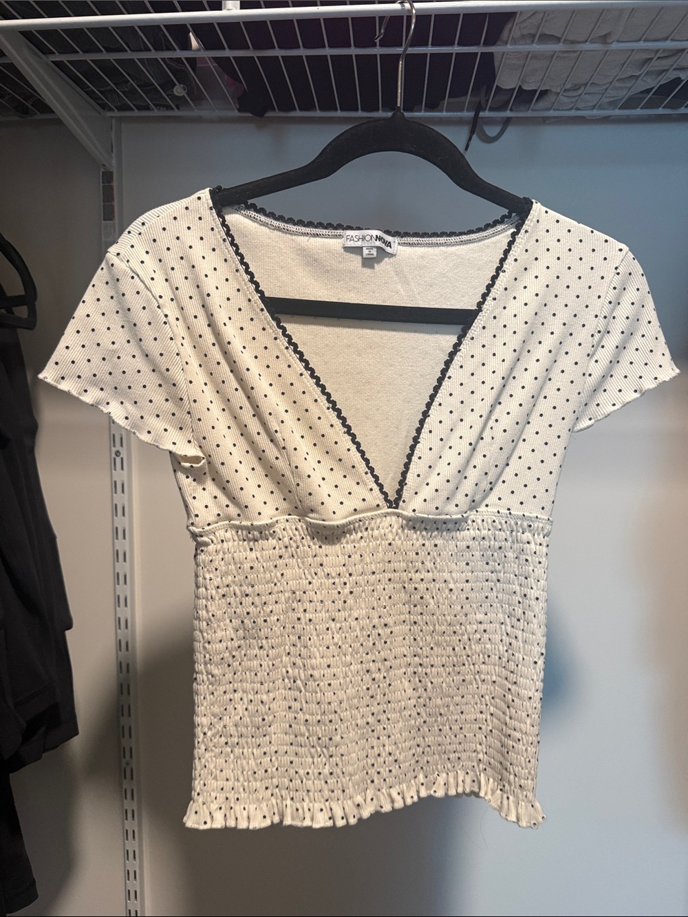 Fashion Nova White with Black Polka Dot Smocked V-Neck Crop Top